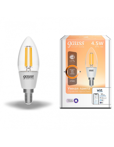 Лампа Gauss Smart Home Filament С35 4,5W 495lm 2700К E14 диммируемая LED 1/10/40