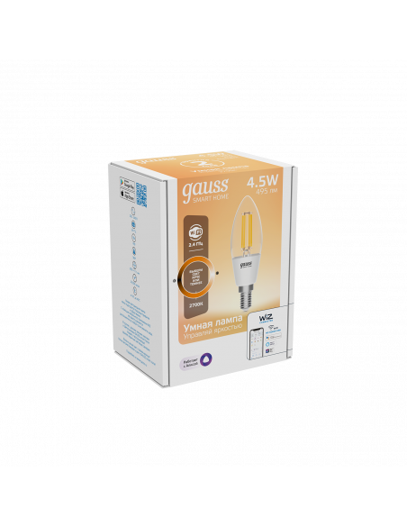 Лампа Gauss Smart Home Filament С35 4,5W 495lm 2700К E14 диммируемая LED 1/10/40