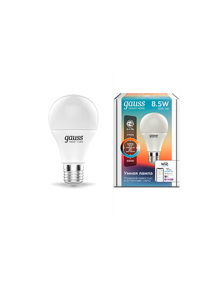 Лампа Gauss Smart Home A60 8,5W 806lm 2700-6500К E27 изм.цвет.темп.+диммирование LED 1/10/40