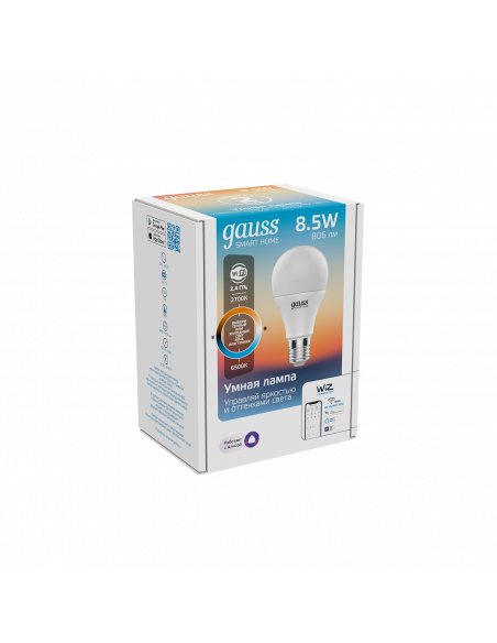 Лампа Gauss Smart Home A60 8,5W 806lm 2700-6500К E27 изм.цвет.темп.+диммирование LED 1/10/40