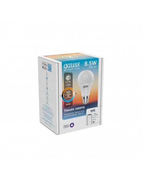 Лампа Gauss Smart Home A60 8,5W 806lm 2700-6500К E27 изм.цвет.темп.+диммирование LED 1/10/40