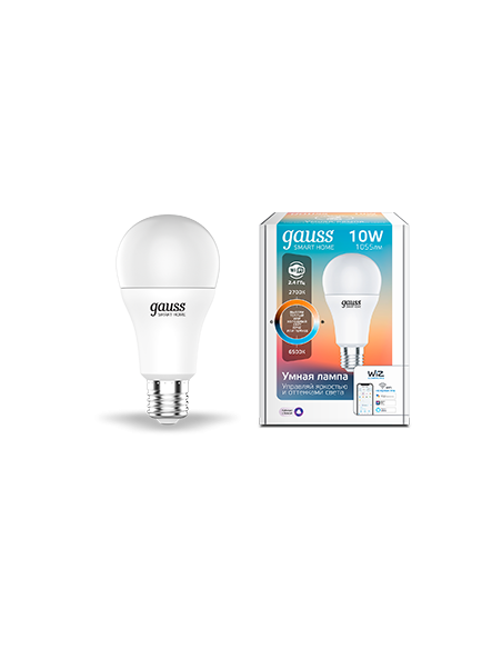 Лампа Gauss Smart Home A60 10W 1055lm 2700-6500К E27 изм.цвет.темп.+диммирование LED 1/10/40