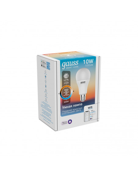 Лампа Gauss Smart Home A60 10W 1055lm 2700-6500К E27 изм.цвет.темп.+диммирование LED 1/10/40