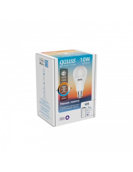 Лампа Gauss Smart Home A60 10W 1055lm 2700-6500К E27 изм.цвет.темп.+диммирование LED 1/10/40