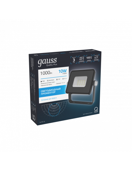 Прожектор Gauss Qplus 10W 1000lm 6500K 200-240V IP65 черный LED 1/20