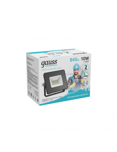 Прожектор Gauss Elementary 10W 845lm 4000К 200-240V IP65 черный LED 1/20