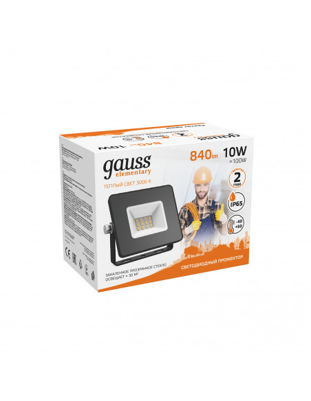 Прожектор Gauss Elementary 10W 840lm 3000К 200-240V IP65 черный LED 1/20