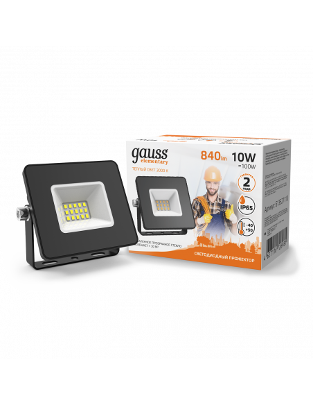 Прожектор Gauss Elementary 10W 840lm 3000К 200-240V IP65 черный LED 1/20