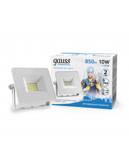 Прожектор Gauss Elementary 10W 850lm 6500K 200-240V IP65 белый LED 1/20