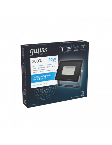 Прожектор Gauss Qplus 20W 2000lm 6500K 200-240V IP65 черный LED 1/20
