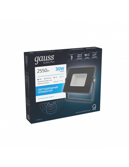 Прожектор Gauss Qplus 30W 2550lm 6500K 200-240V IP65 графитовый LED 1/10