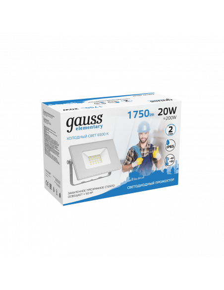 Прожектор Gauss Elementary 20W 1750lm 6500K 200-240V IP65 белый LED 1/20