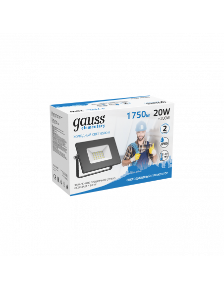 Прожектор Gauss Elementary 20W 1750lm 6500К 200-240V IP65 черный LED 1/20