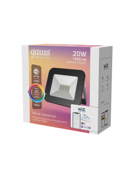 Прожектор Gauss Smart Home 20W 1400lm 3000-6500K 200-240V IP65 черный RGBW+изм.цв.темп.+диммирование LED 1/20