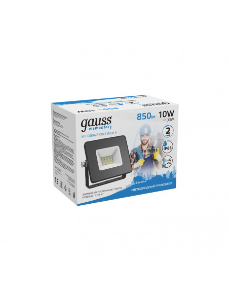 Прожектор Gauss Elementary 10W 850lm 6500К 200-240V IP65 черный LED 1/20