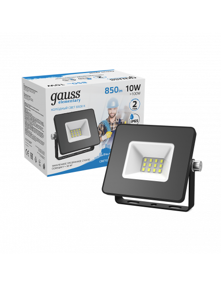 Прожектор Gauss Elementary 10W 850lm 6500К 200-240V IP65 черный LED 1/20