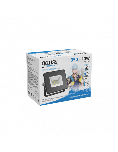 Прожектор Gauss Elementary 10W 850lm 6500К 200-240V IP65 черный LED 1/20
