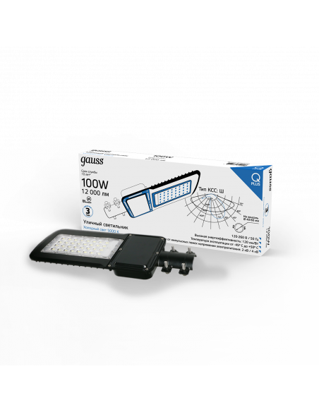 Светильник уличный Gauss Qplus 100W 12000lm 5000K 120-260V IP65 455*180*49мм черный КСС "Ш" LED 1/4