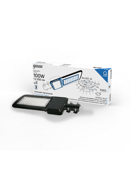 Светильник уличный Gauss Qplus 100W 12000lm 5000K 120-260V IP65 455*180*49мм черный КСС "Ш" LED 1/4