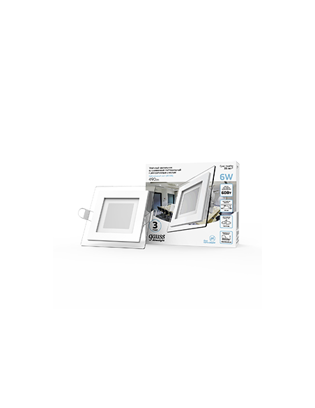 Светильник Gauss Glass кв 6W 490lm 4000K 220-240V IP20 монт Ø70х70 100*100*35 с дек стеклом LED 1/40
