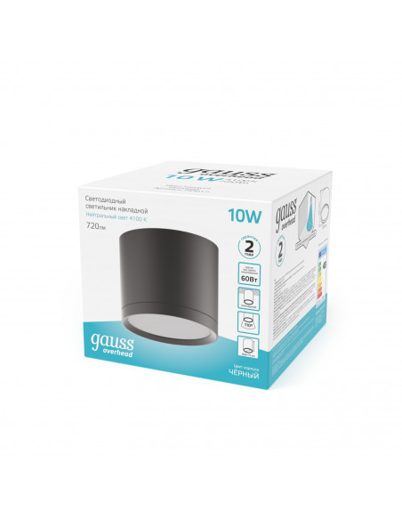 Светильник Gauss Overhead накл цил 10W 720lm 4100K 170-240V IP20 88*75мм черный с расс LED 1/30