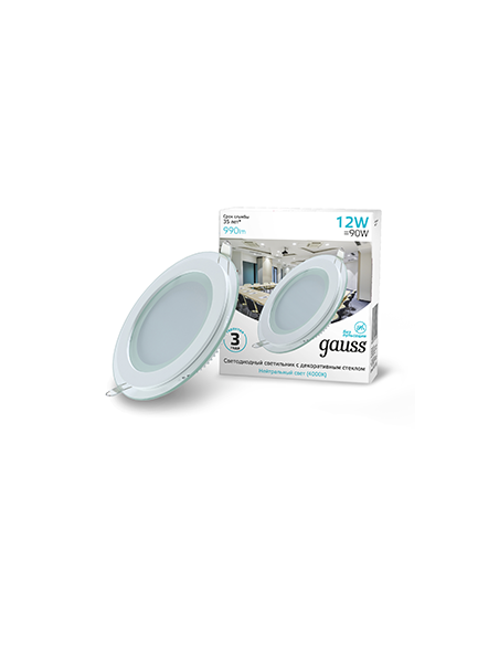 Светильник Gauss Glass круг 12W 990lm 4000K 220-240V IP20 монт Ø118 160*35 с дек стеклом LED 1/40