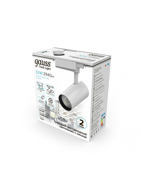 Светильник трековый Gauss цилиндр 32W 2940lm 4000K 180-220V IP20 75*216мм белый линза 36º LED 1/40