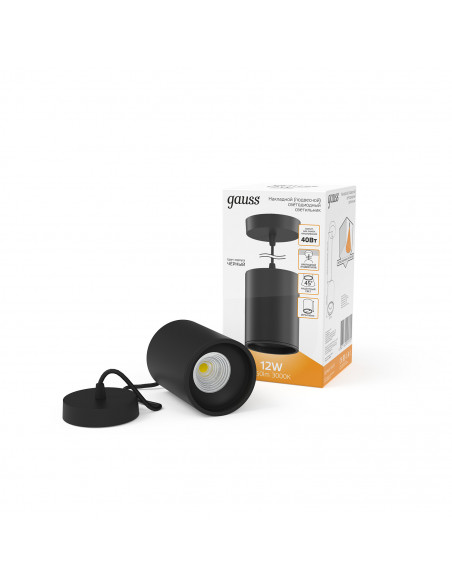 Светильник Gauss Overhead подвес цил12W 660lm 3000K 170-240V IP20 79*100мм черный LED 1/10