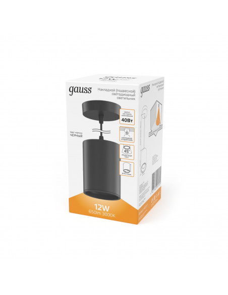 Светильник Gauss Overhead подвес цил12W 660lm 3000K 170-240V IP20 79*100мм черный LED 1/10