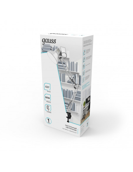Светильник настольный Gauss модель GTL001 60W 220-240V E27 белый струбцина 1/16
