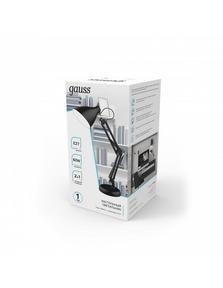 Светильник настольный Gauss модель GTL003 60W 220-240V E27 черный струбцина и основание 1/12