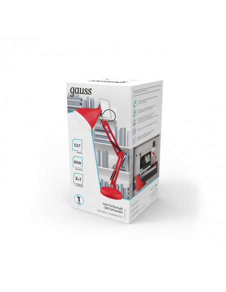 Светильник настольный Gauss модель GTL003 60W 220-240V E27 красный струбцина и основание 1/12