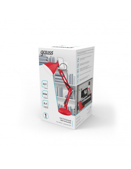 Светильник настольный Gauss модель GTL003 60W 220-240V E27 красный струбцина и основание 1/12