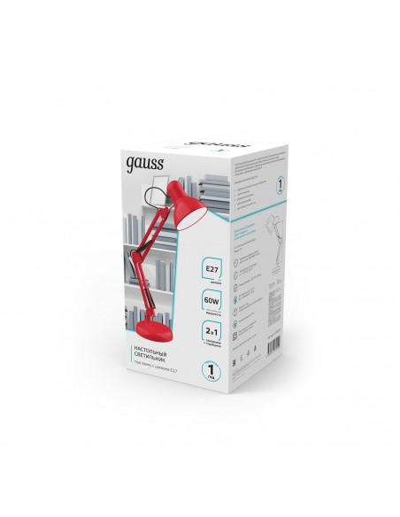 Светильник настольный Gauss модель GTL002 60W 220-240V E27 красный струбцина и основание 1/12