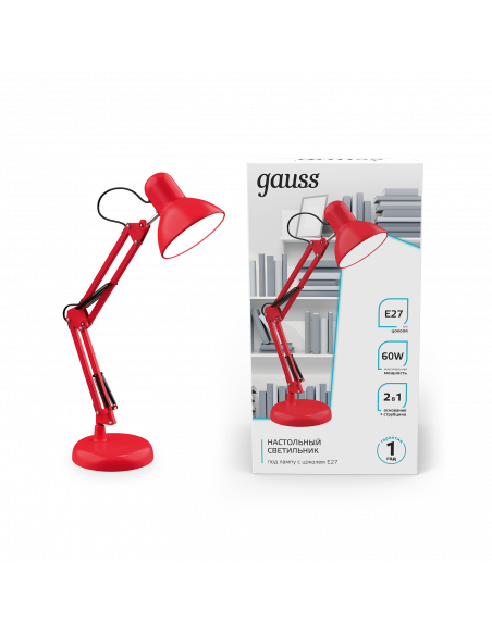 Светильник настольный Gauss модель GTL002 60W 220-240V E27 красный струбцина и основание 1/12