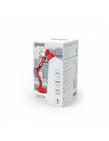 Светильник настольный Gauss модель GTL002 60W 220-240V E27 красный струбцина и основание 1/12