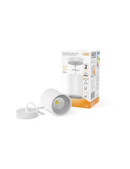 Светильник Gauss Overhead подвес цил12W 750lm 3000K 170-240V IP20 79*100мм белый LED 1/10