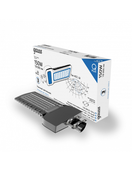 Светильник уличный Gauss Qplus 150W 18000lm 5000K 120-260V IP65 535*260*64мм черный КСС "Ш" LED 1/2