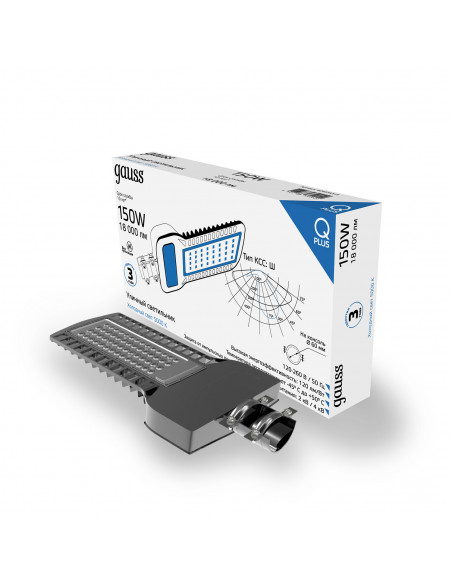 Светильник уличный Gauss Qplus 150W 18000lm 5000K 120-260V IP65 535*260*64мм черный КСС "Ш" LED 1/2