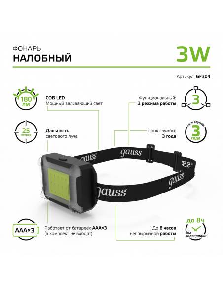 Фонарь налобный Gauss модель GFL304 3W 180lm 3xAAA LED 1/12/60