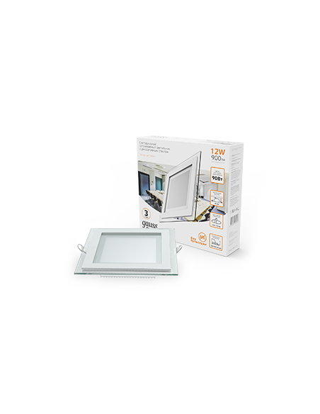 Светильник Gauss Glass кв 12W 900lm 3000K 220-240V IP20 монт Ø118х118 160*160*30 с дек стек LED 1/40