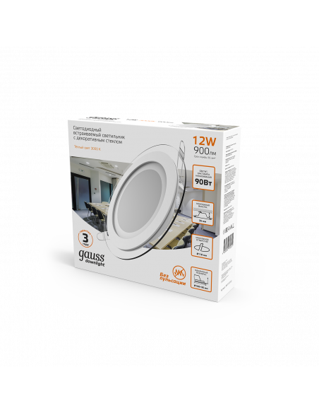 Светильник Gauss Glass круг 12W 900lm 3000K 220-240V IP20 монт Ø118 160*35 с дек стеклом LED 1/40