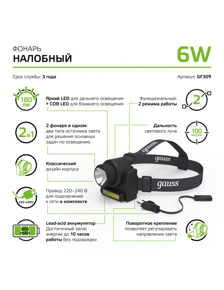 Фонарь налобный Gauss модель GFL309 6W 180lm Lead acid 800mAh LED 1/12/72