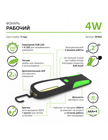 Фонарь рабочий Gauss модель GFL504 4W 210lm...
