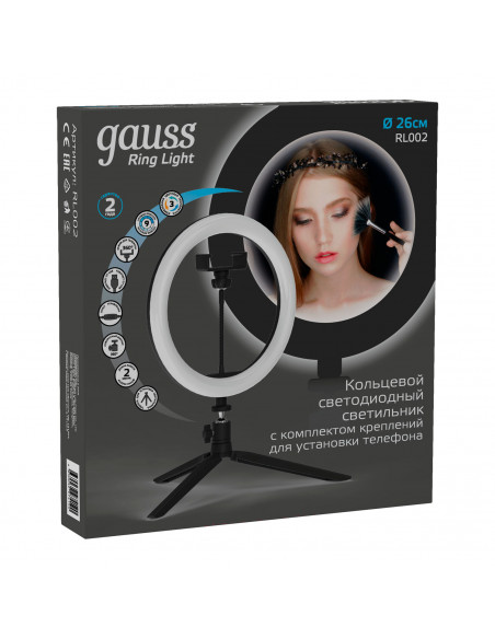 Светильник Gauss кольцевой 14W 700lm 3000-6500K 5V USB IP20 260*23мм черный дим пульт LED 1/20