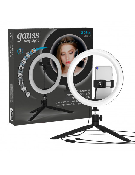 Светильник Gauss кольцевой 14W 700lm 3000-6500K 5V USB IP20 260*23мм черный дим пульт LED 1/20