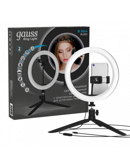 Светильник Gauss кольцевой 14W 700lm 3000-6500K 5V USB IP20 260*23мм черный дим пульт LED 1/20