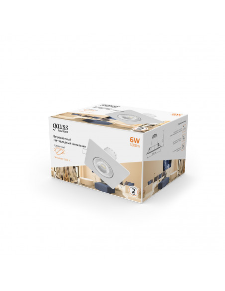 Светильник Gauss Downlight квадрат 6W 500lm 3000K 100-265V IP20 монтаж Ø65 90*56мм белый LED 1/40