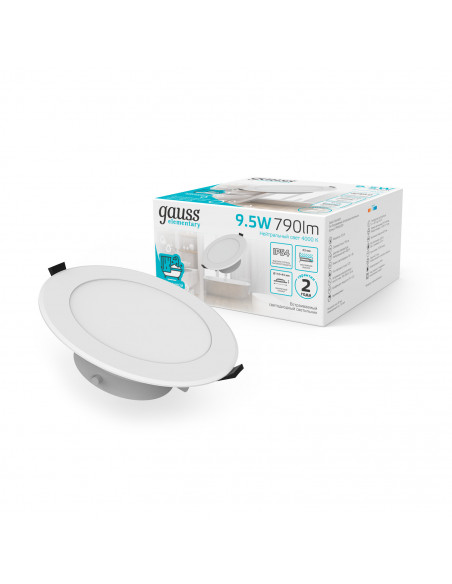 Светильник Gauss Elementary Downlight круг 9,5W 790lm 4000K 185-250V IP54 110*44 монтаж белый LED 1/40