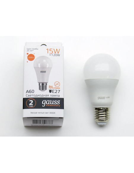 Лампа Gauss Elementary A60 15W 1320lm 3000K E27 LED 1/10/50